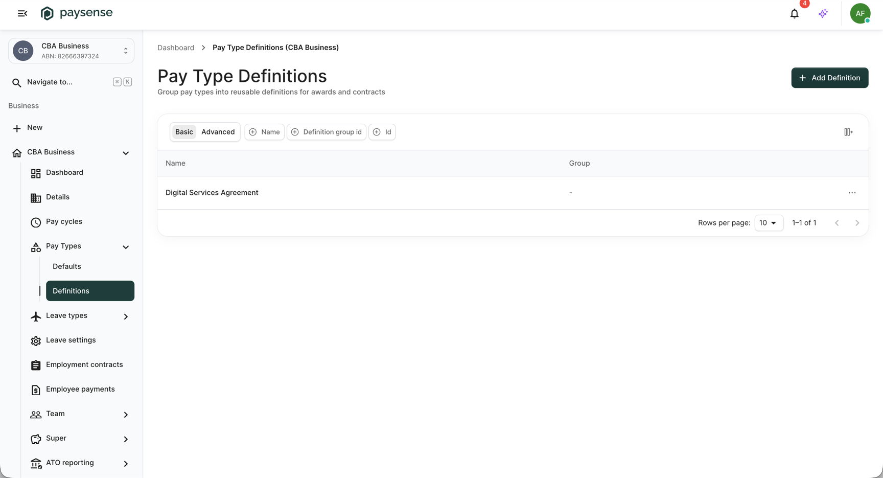 Pay Type Definitions list showing the new Digital Services Agreement row