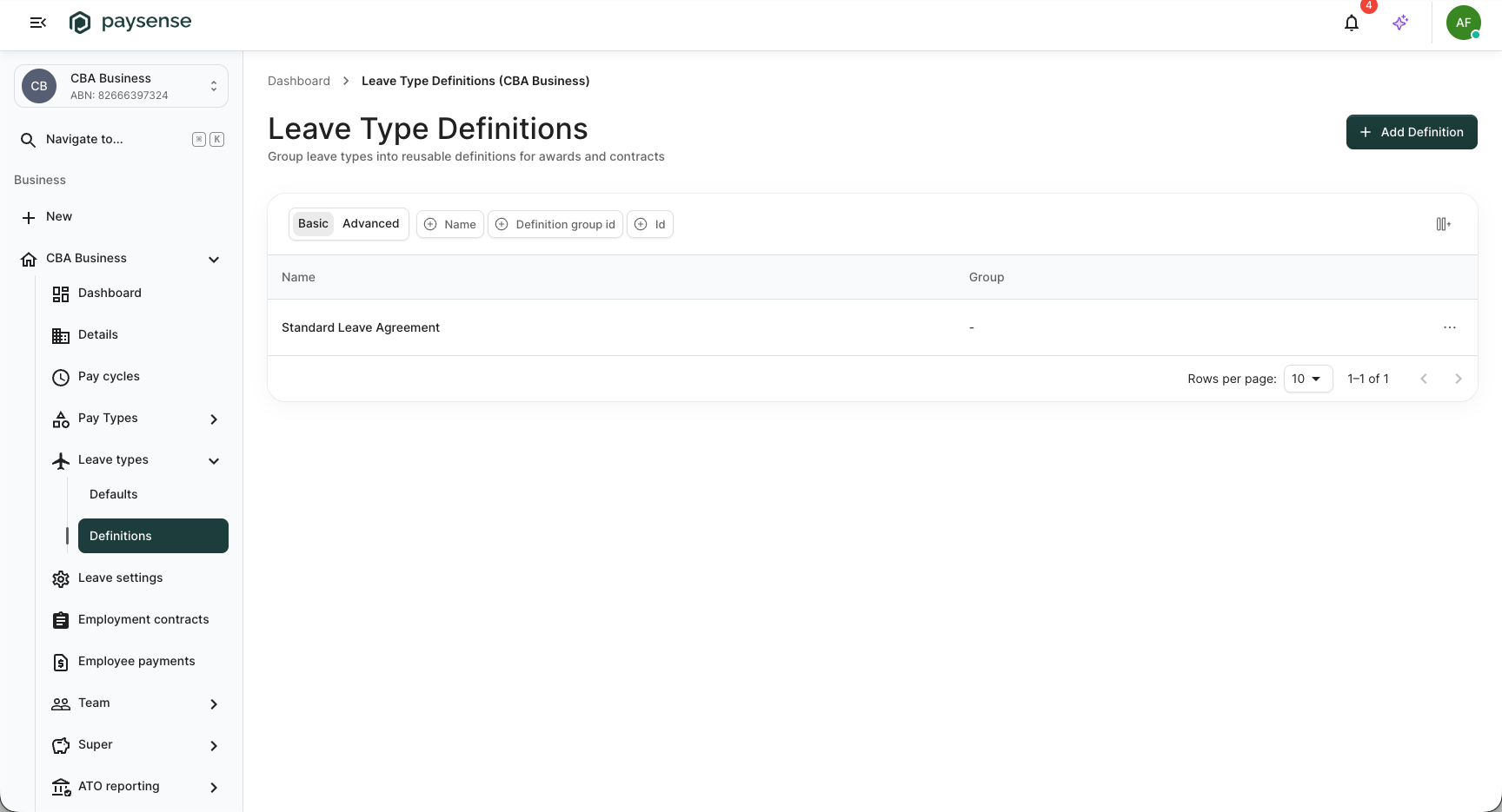 Leave Type Definitions list showing the new Standard Leave Agreement row