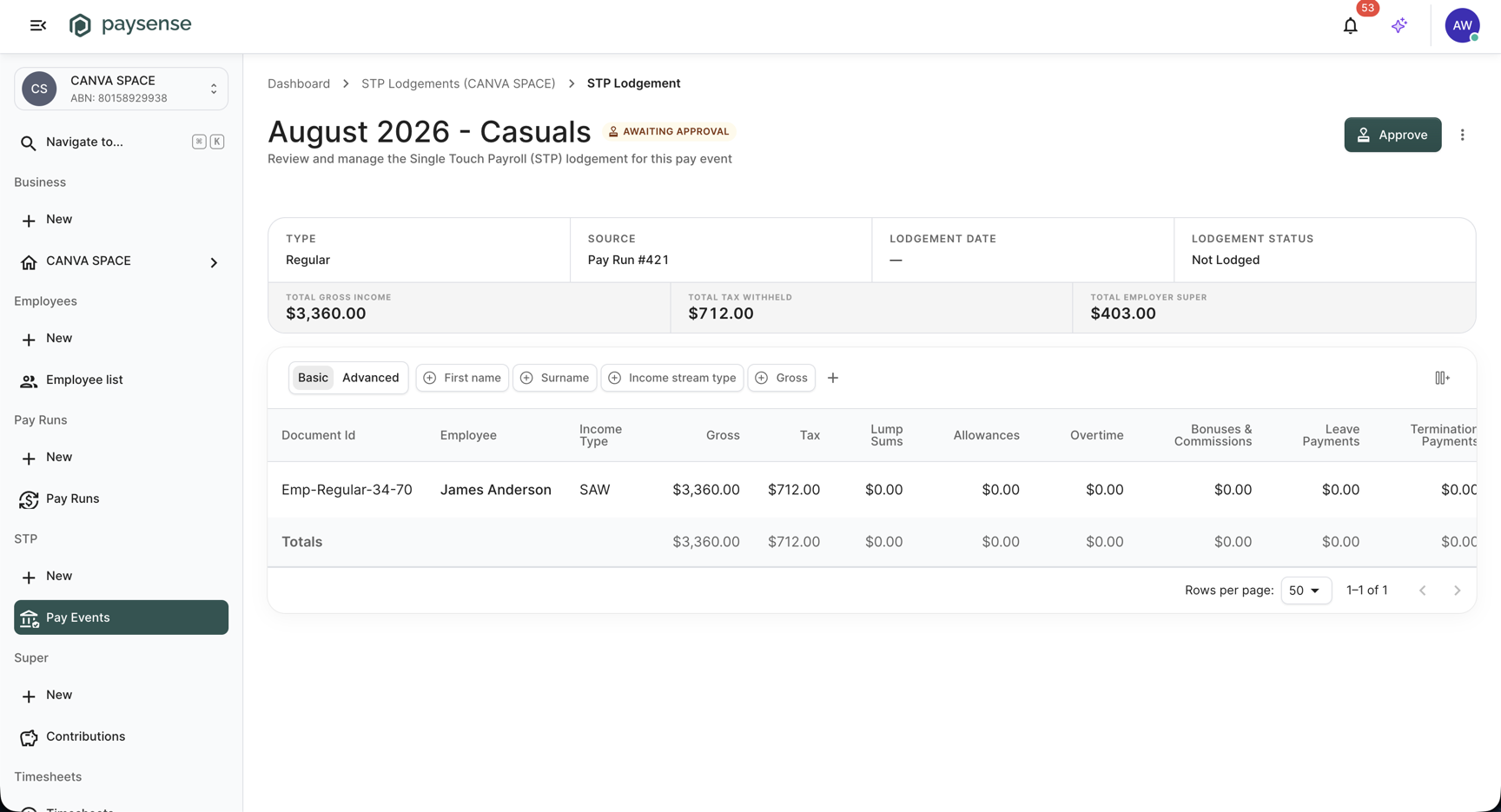 Pay event details page showing status Awaiting Approval, an Approve button, summary totals, and the James Anderson employee row
