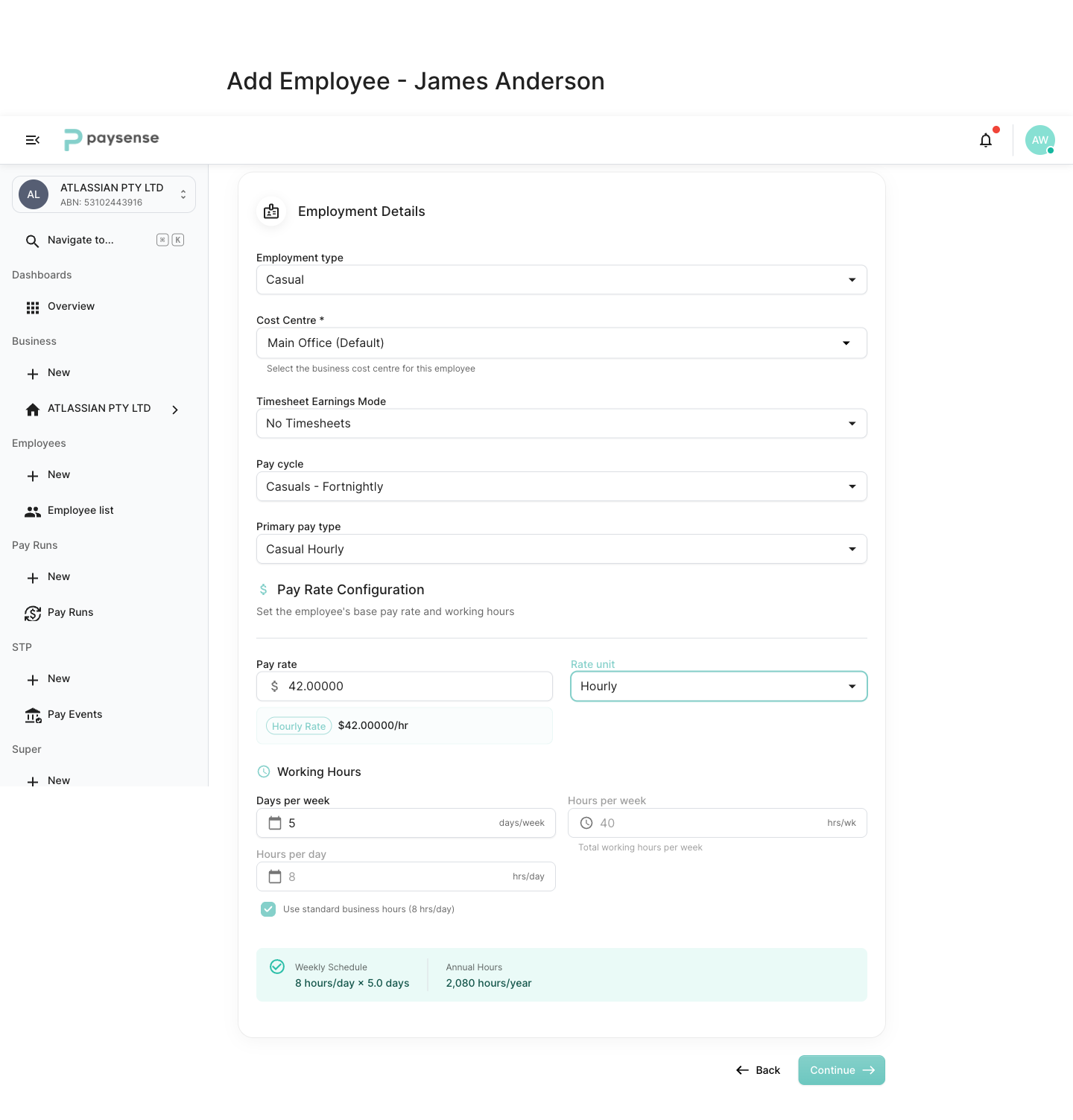 Employment Details filled in for a casual hire on $42.00/hr