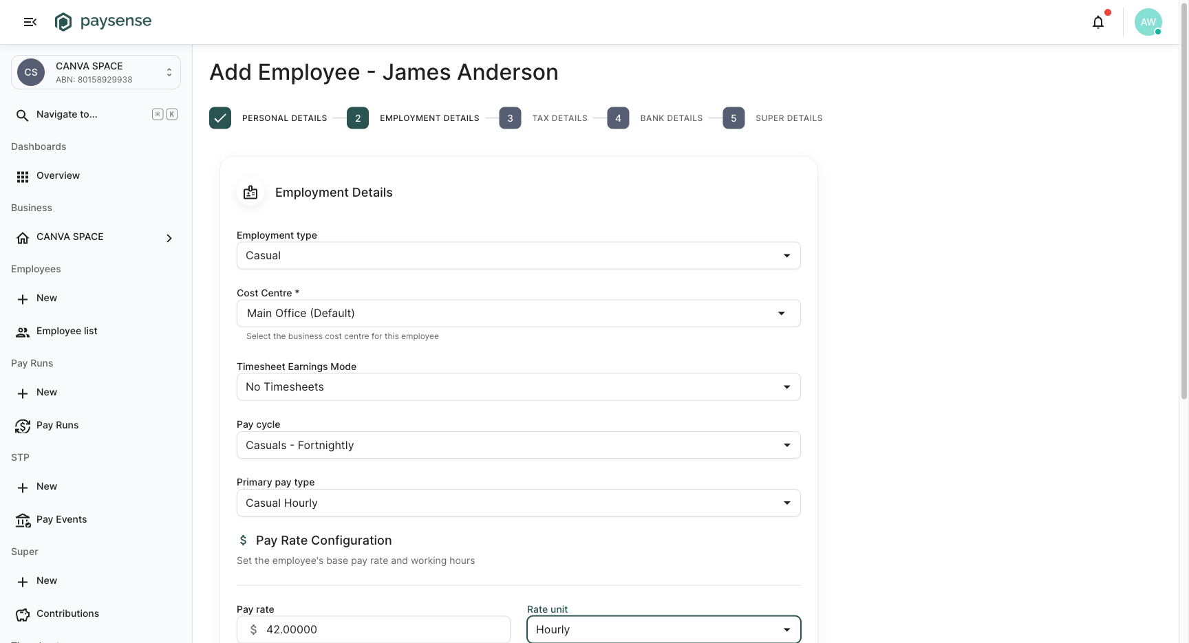 Employment Details filled in for a casual hire on $42.00/hr
