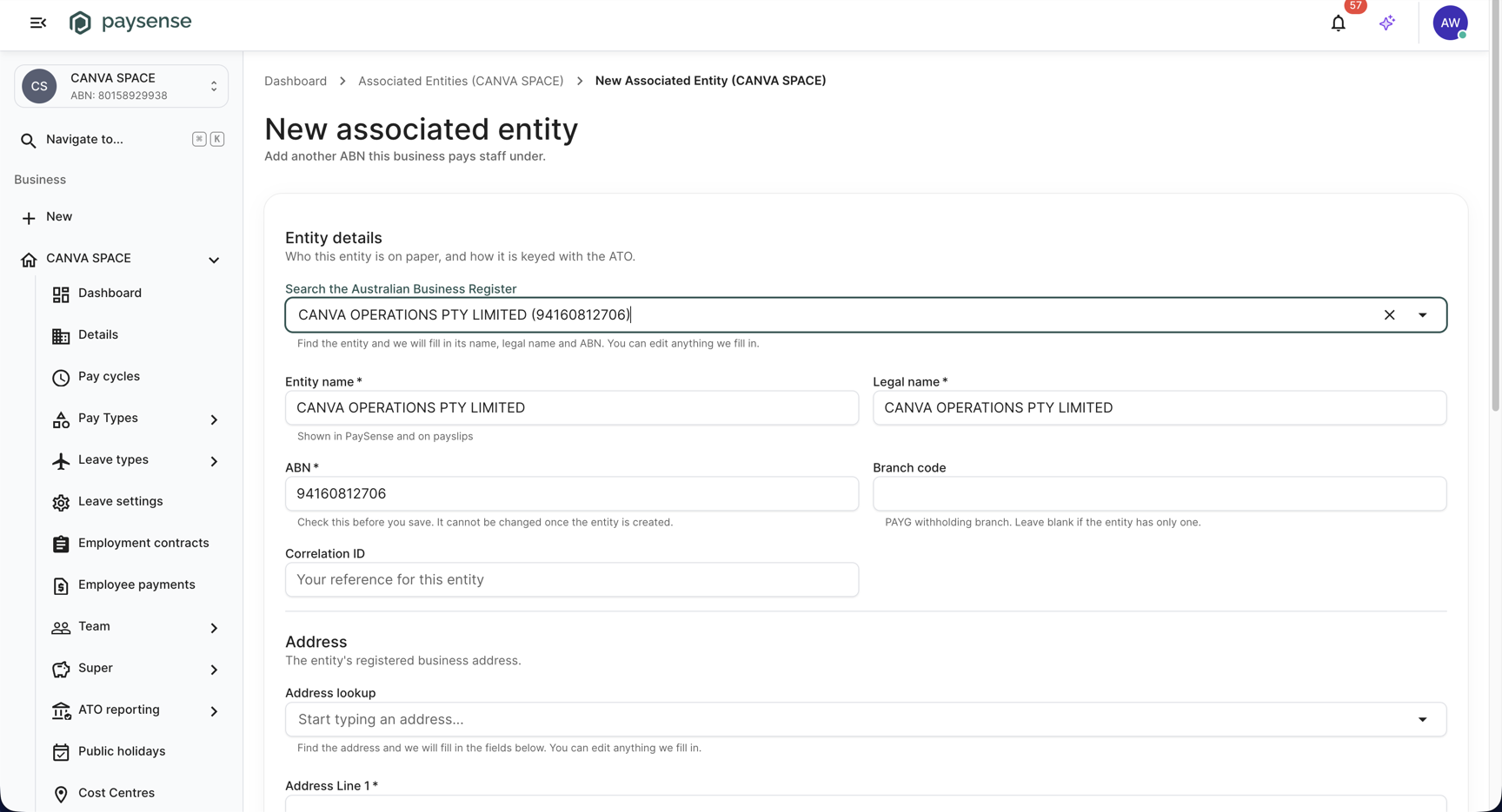 Entity details filled in from the ABR result