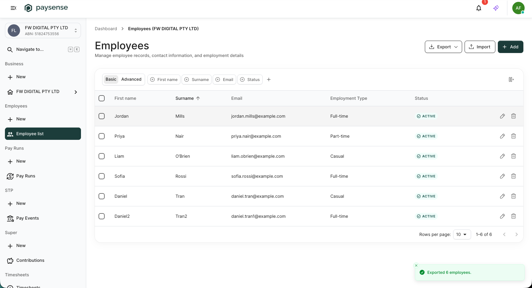 Employees list with a success toast reading Exported 6 employees