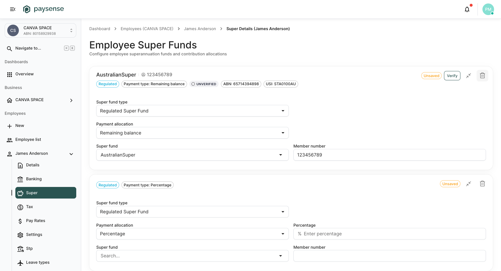 Fund type dropdown showing all three types: Not Supplied is greyed out because another fund already exists