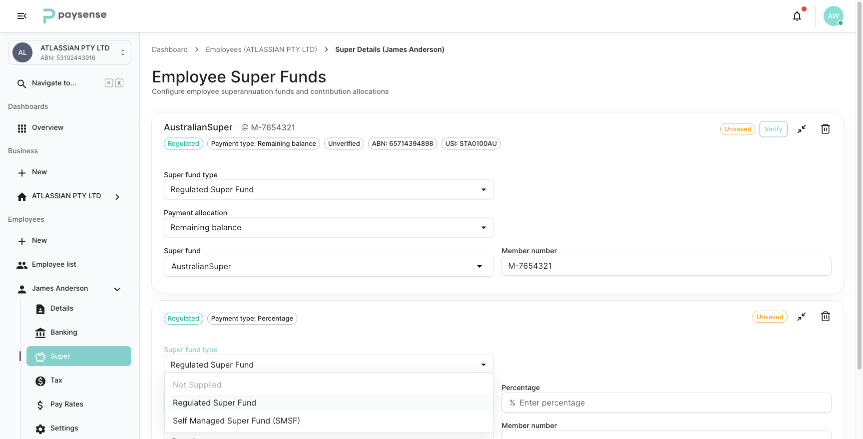 Fund type dropdown showing all three types: Not Supplied is greyed out because another fund already exists