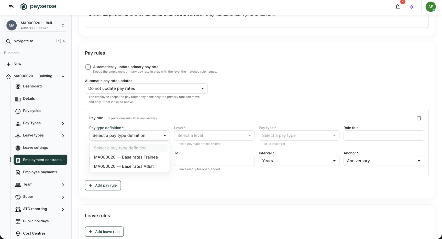 Pay type definition dropdown open on the first pay rule
