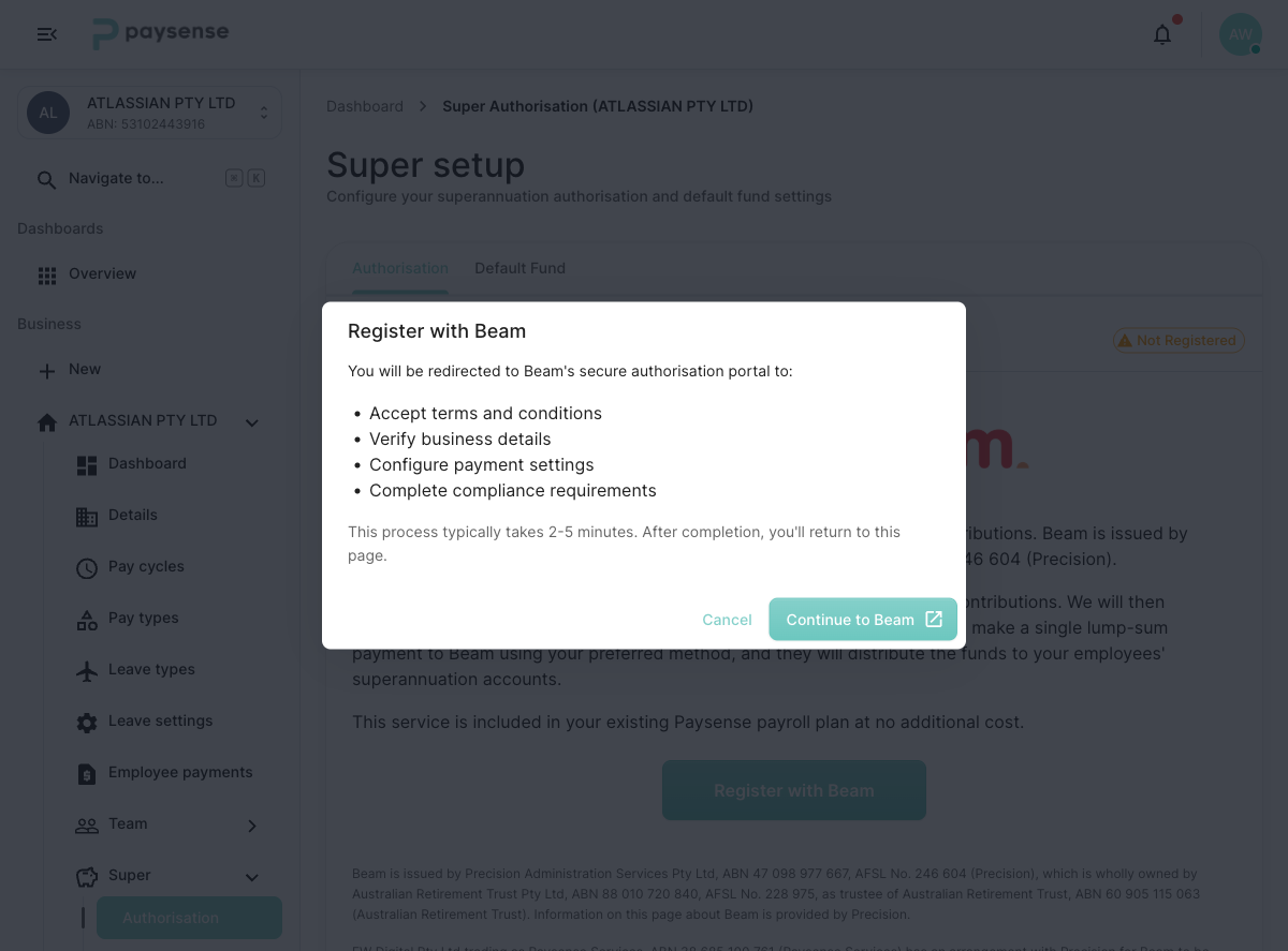 Confirmation dialog before redirecting to Beam