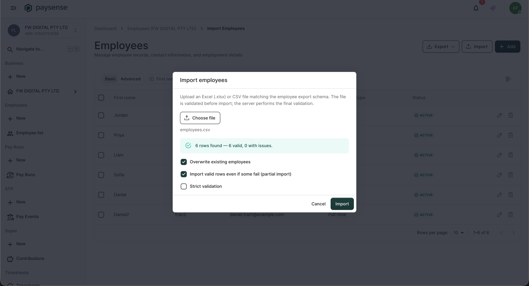 Import employees dialog showing a six-row summary of six valid rows and the three import option checkboxes
