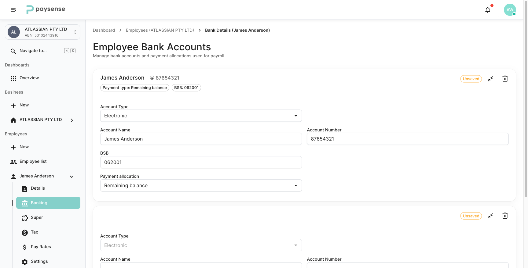 Two accounts: the first switches to Remaining balance, the second shows available allocation types