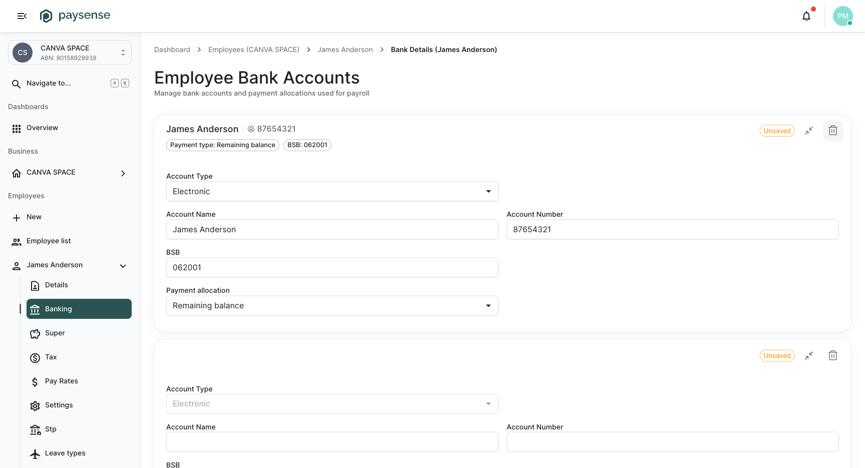 Two accounts: the first switches to Remaining balance, the second shows available allocation types