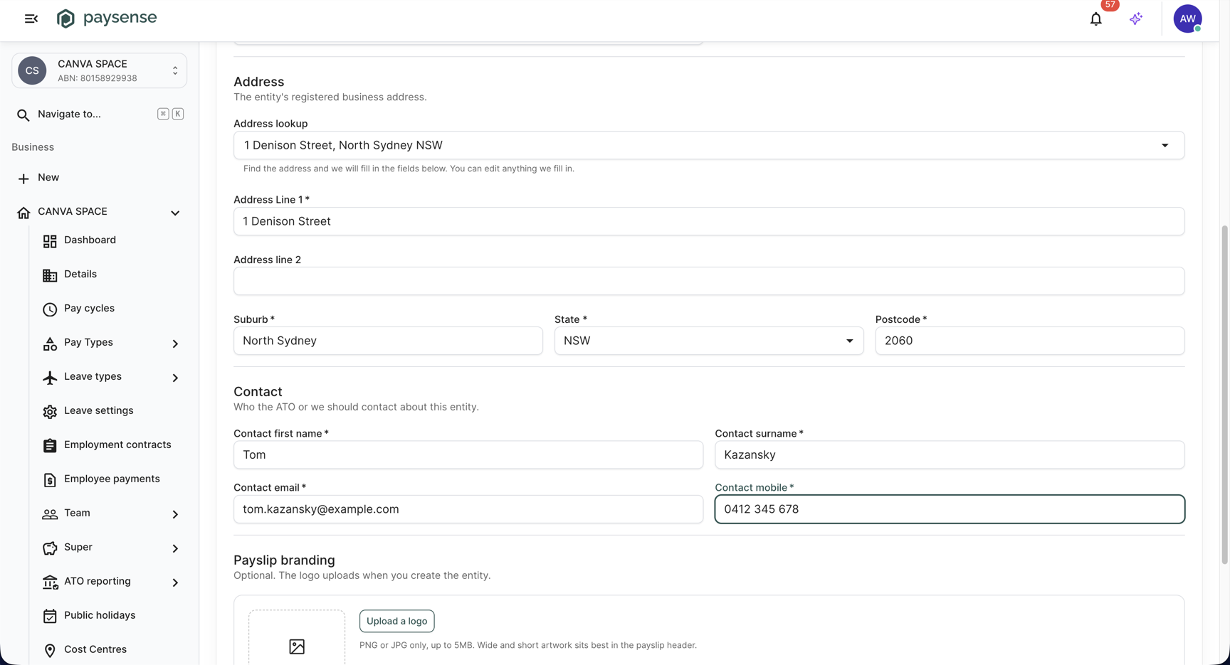 Address and Contact sections filled in for CANVA OPERATIONS PTY LIMITED