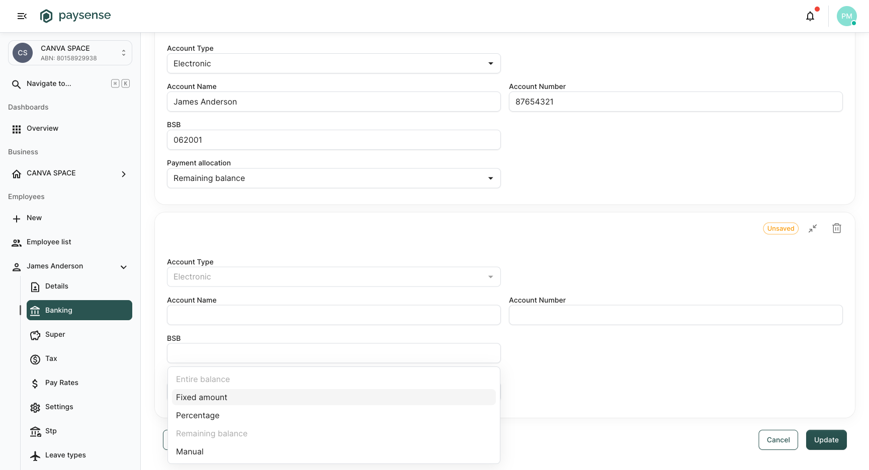 Payment allocation dropdown showing all five types: Entire balance and Remaining balance are greyed out