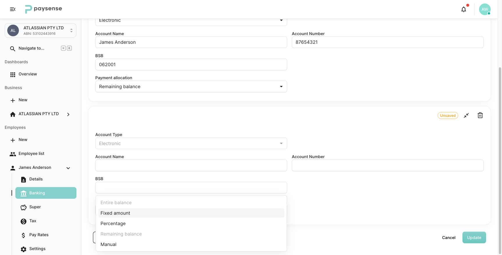 Payment allocation dropdown showing all five types: Entire balance and Remaining balance are greyed out