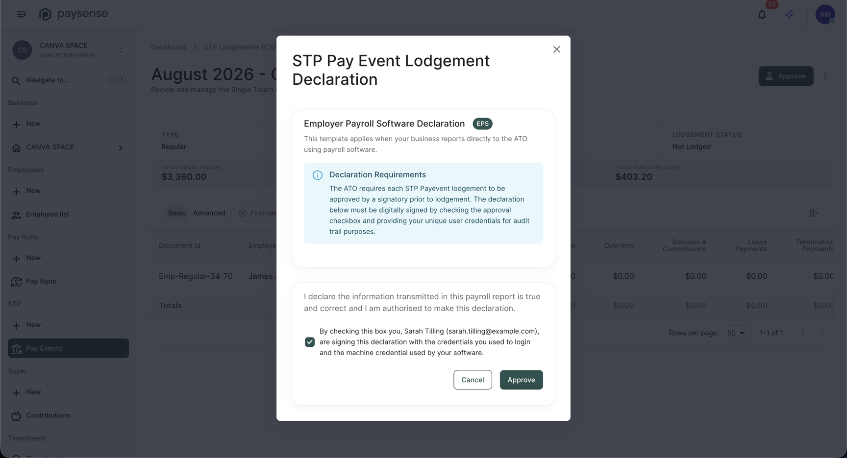 STP Pay Event Lodgement Declaration dialog showing the EPS Employer Payroll Software Declaration with the signing checkbox ticked