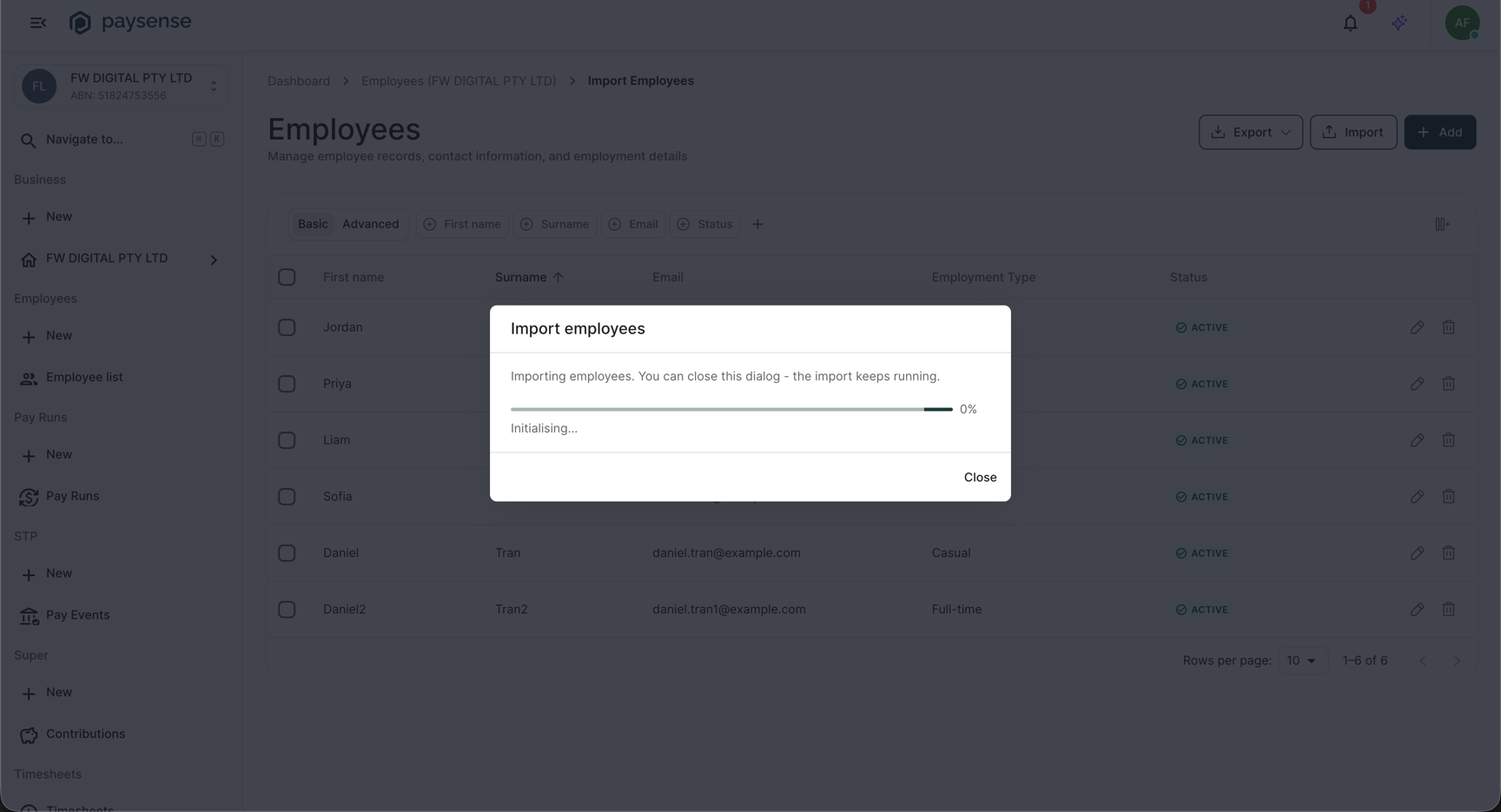 Import employees dialog showing the import running with a progress bar and a Close button