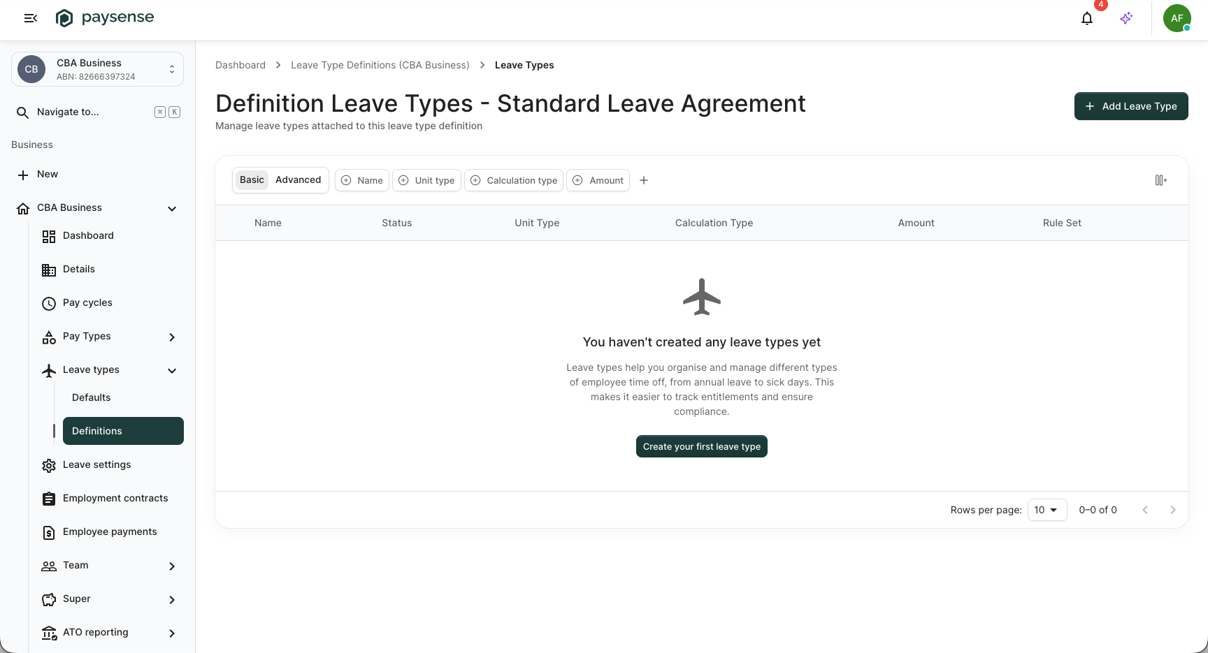 Definition Leave Types screen for the new definition showing the empty state