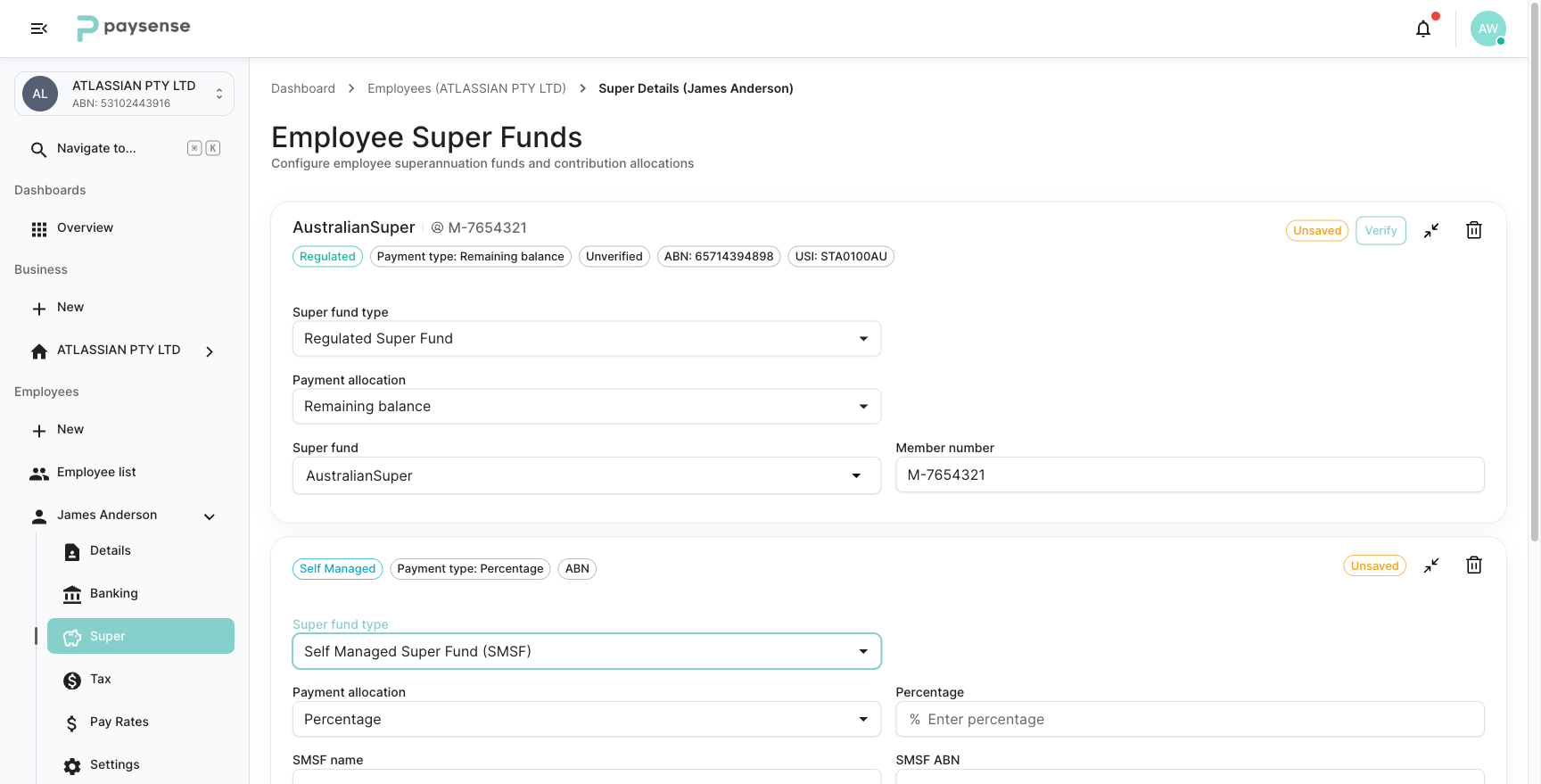 SMSF fund type selected showing the two-card layout with regulated fund above and SMSF fields below