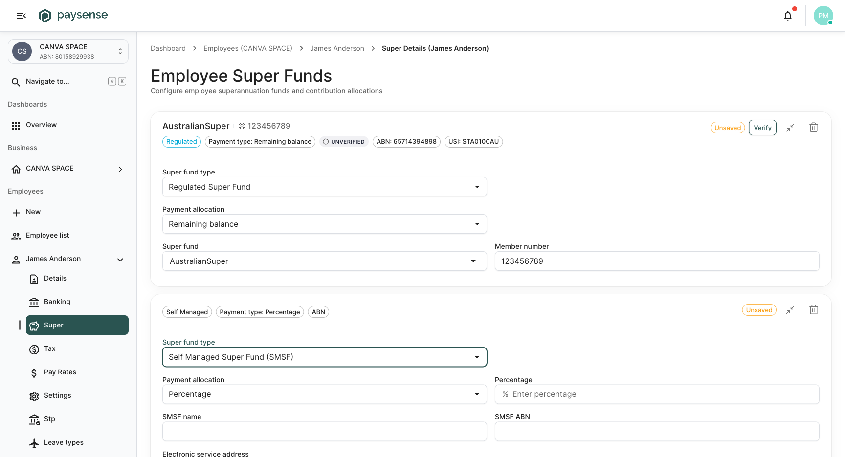 SMSF fund type selected showing the two-card layout with regulated fund above and SMSF fields below