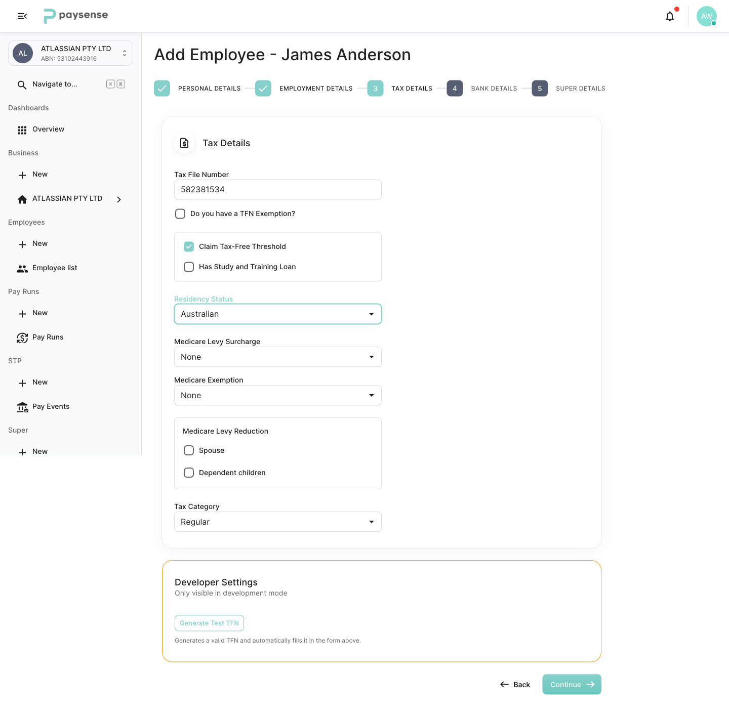 Tax Details filled in with a generated test TFN and Australian residency