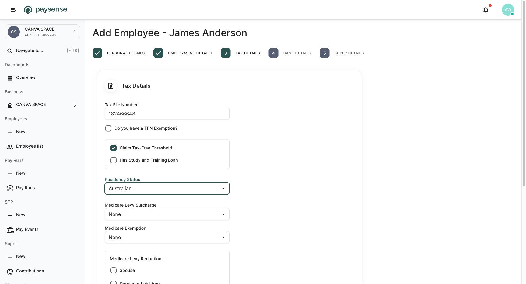 Tax Details filled in with a generated test TFN and Australian residency