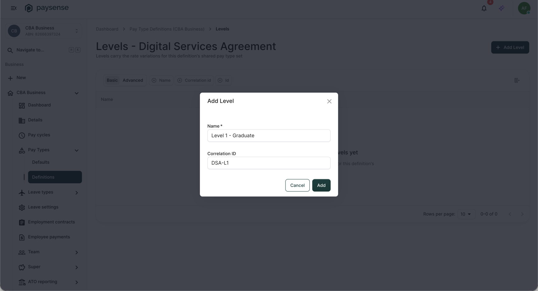 Add Level dialog with the name and correlation ID filled in