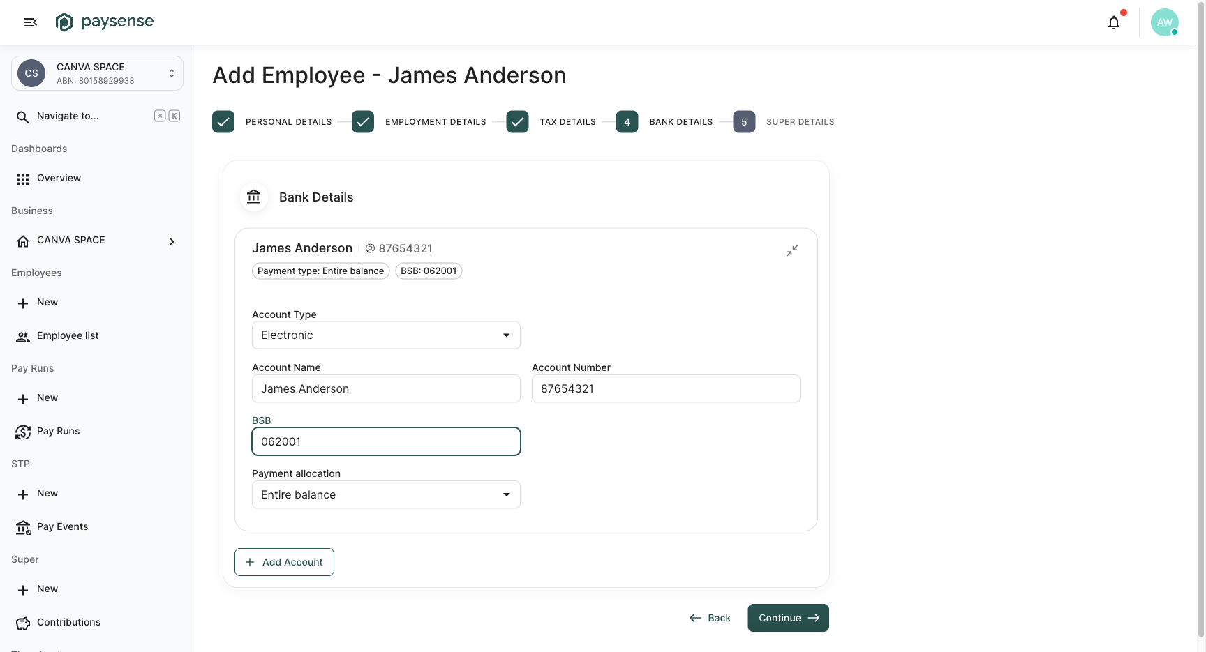 Bank Details filled in with a James Anderson account