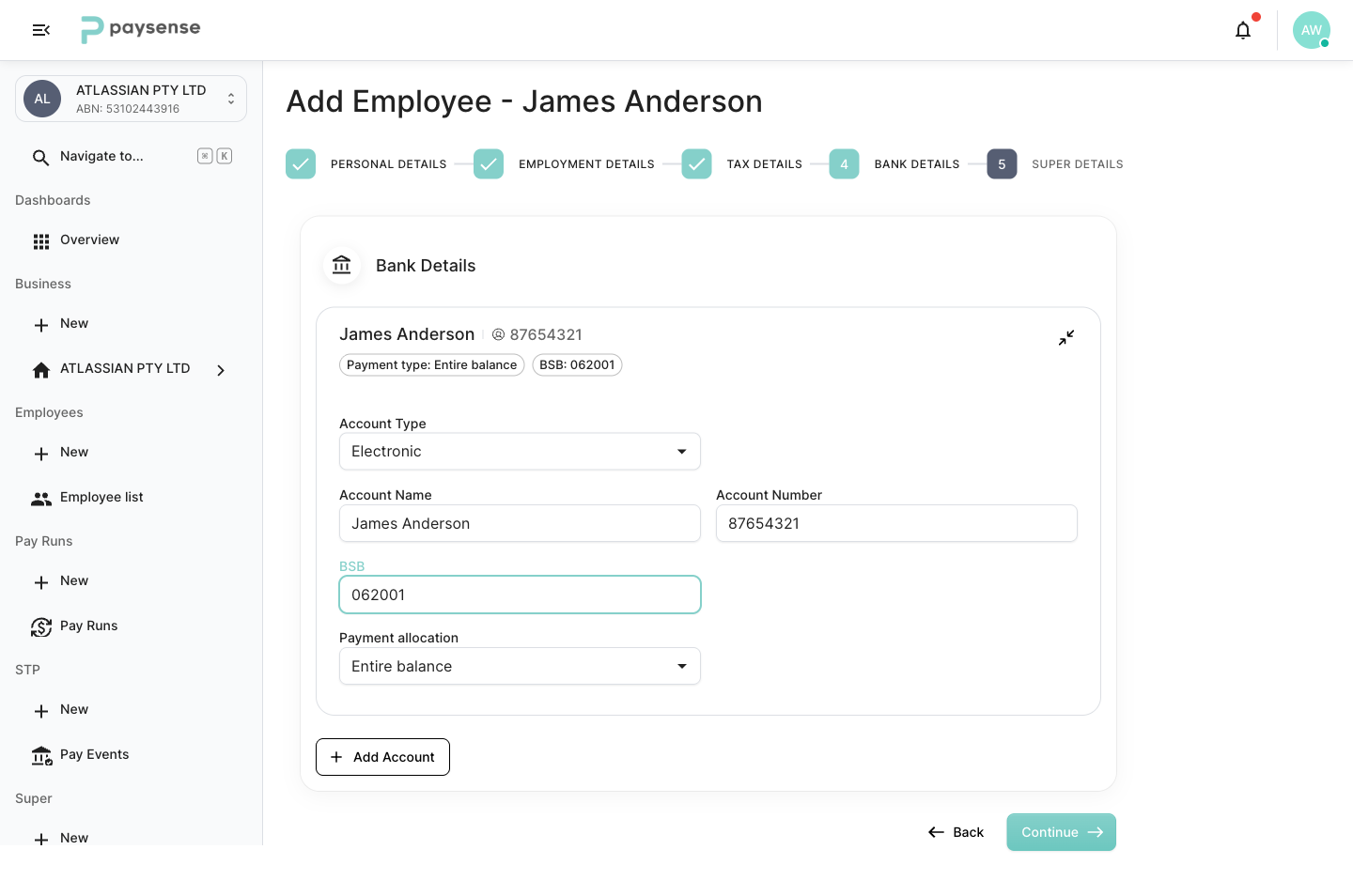 Bank Details filled in with a James Anderson account