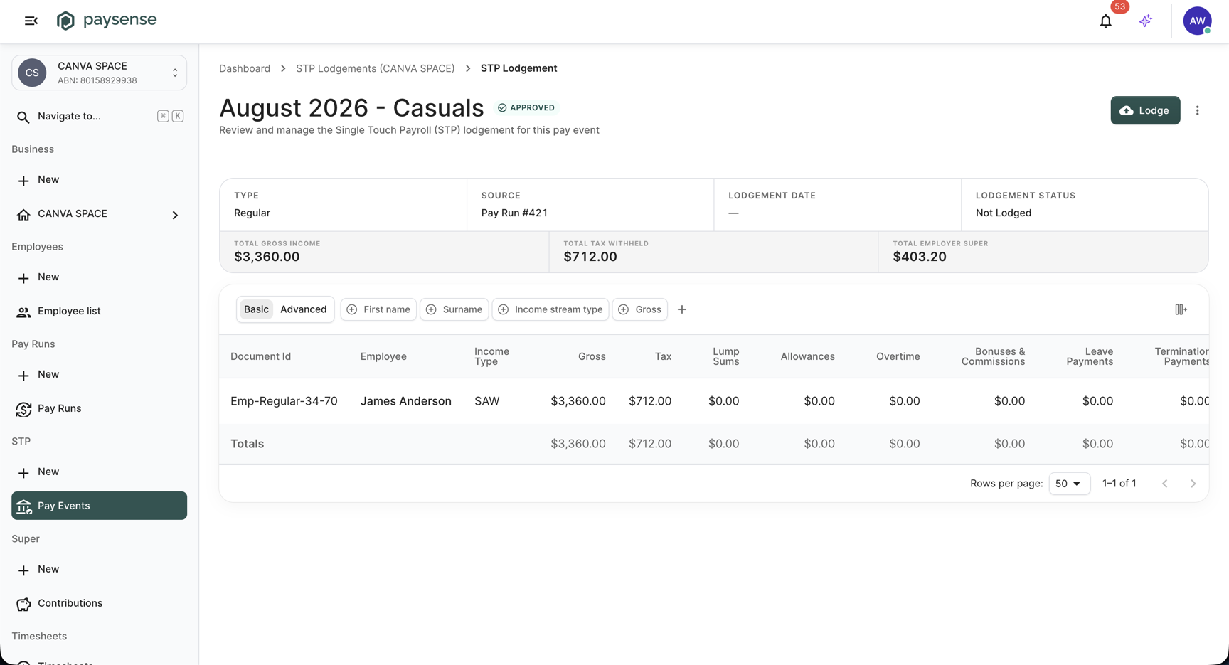 Pay event details page showing status Approved and a Lodge button in the header