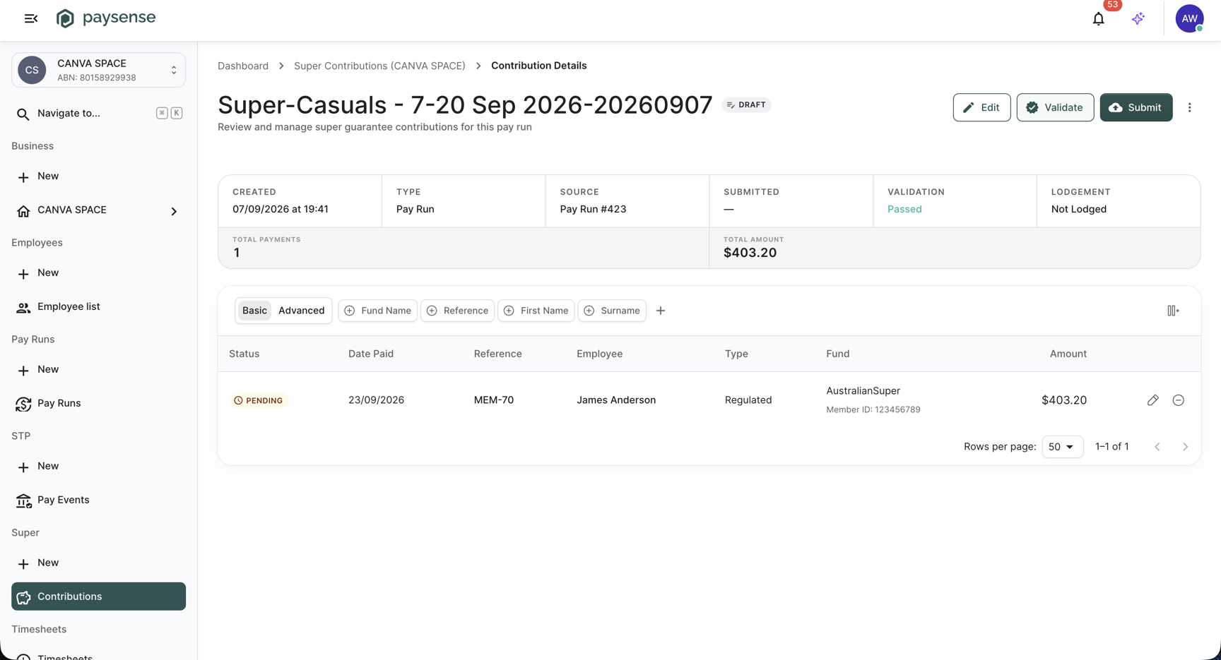 Super contribution details page after a successful validation, showing Validation reading Passed