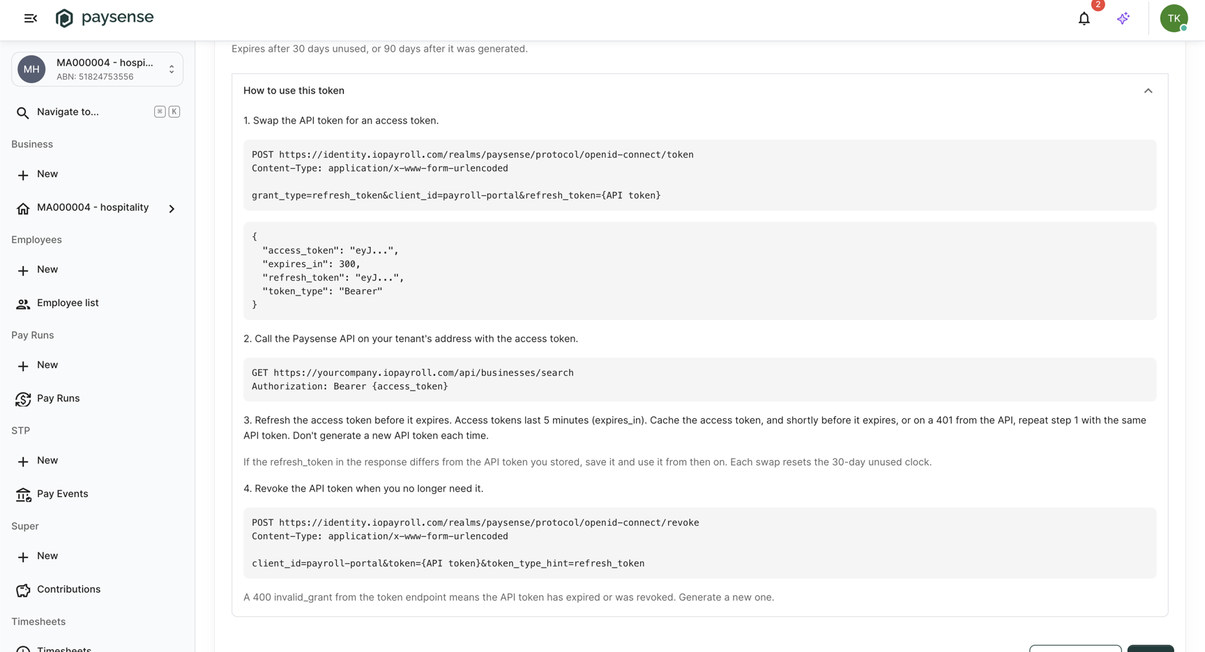 How to use this token section expanded, showing the swap, API call, refresh, and revoke instructions