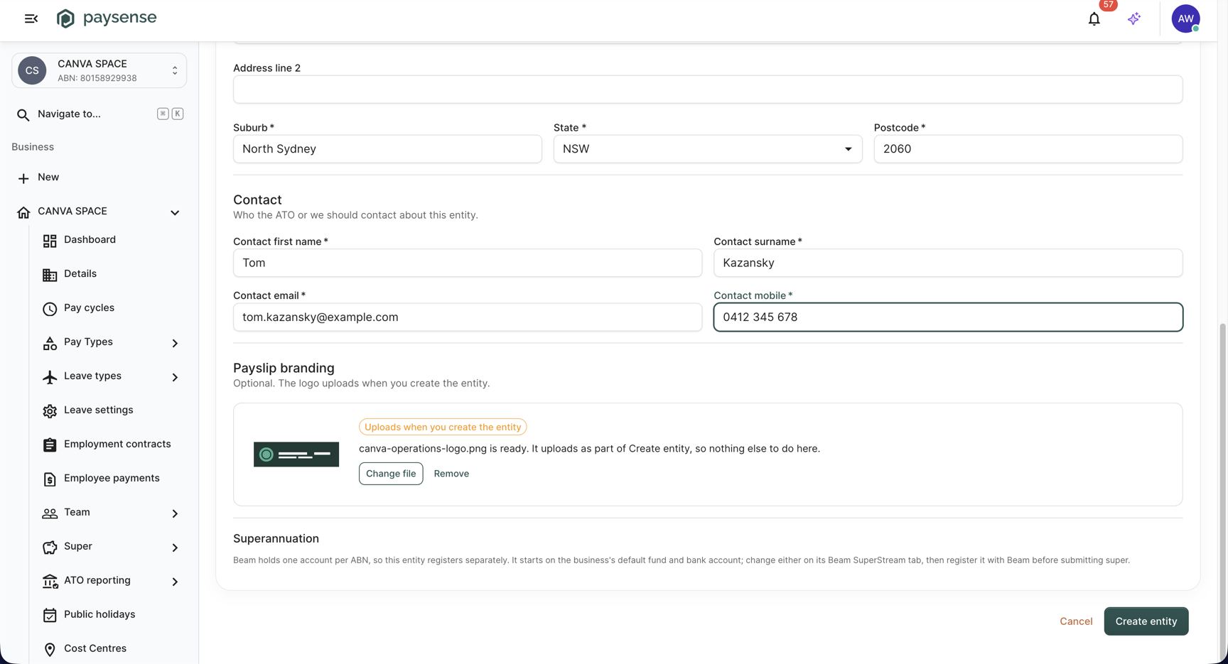 Payslip branding showing a pending logo, with the Create entity button below