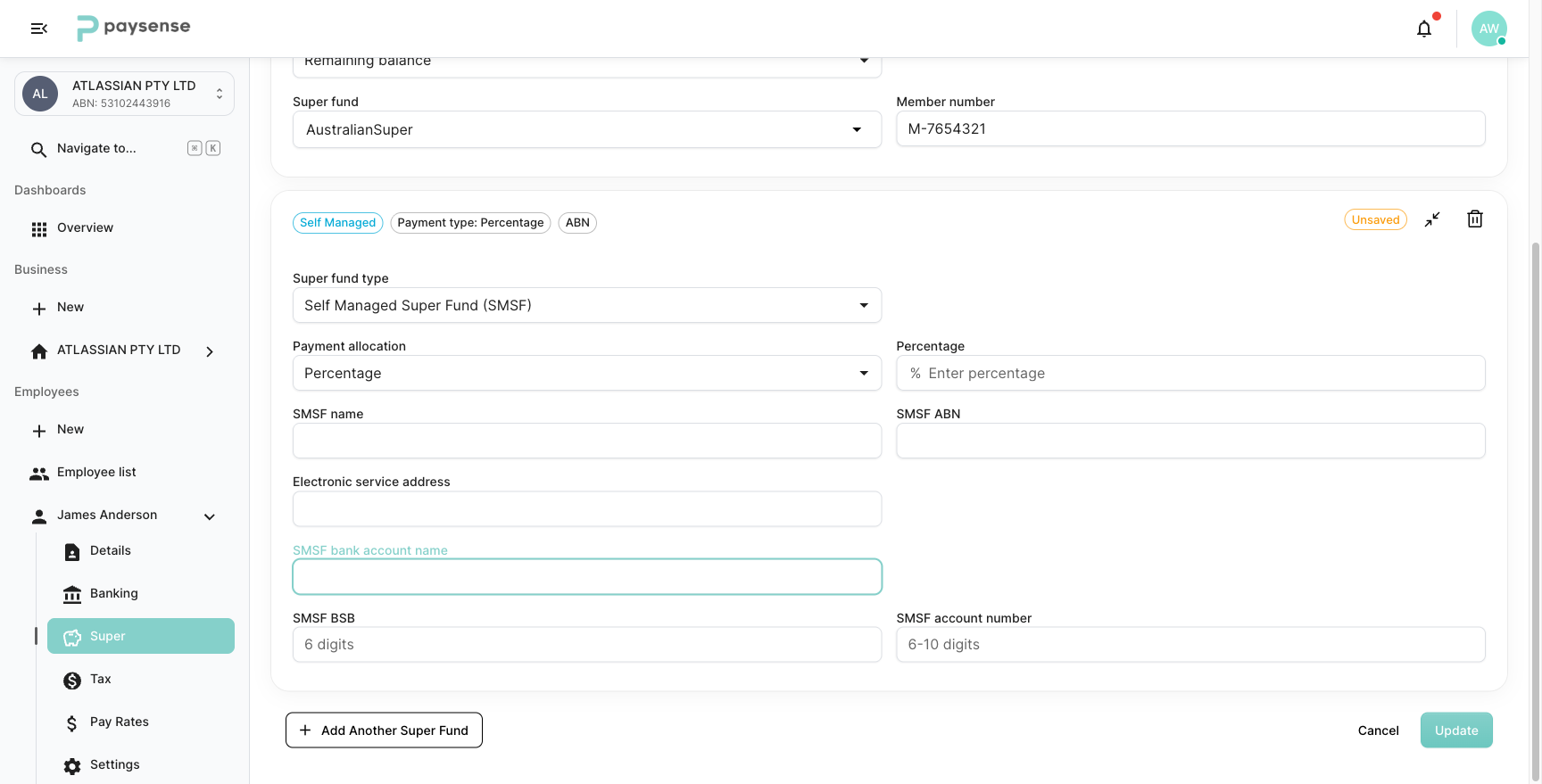 SMSF fields scrolled into view: SMSF name, ABN, Electronic service address, bank account name, BSB, and account number