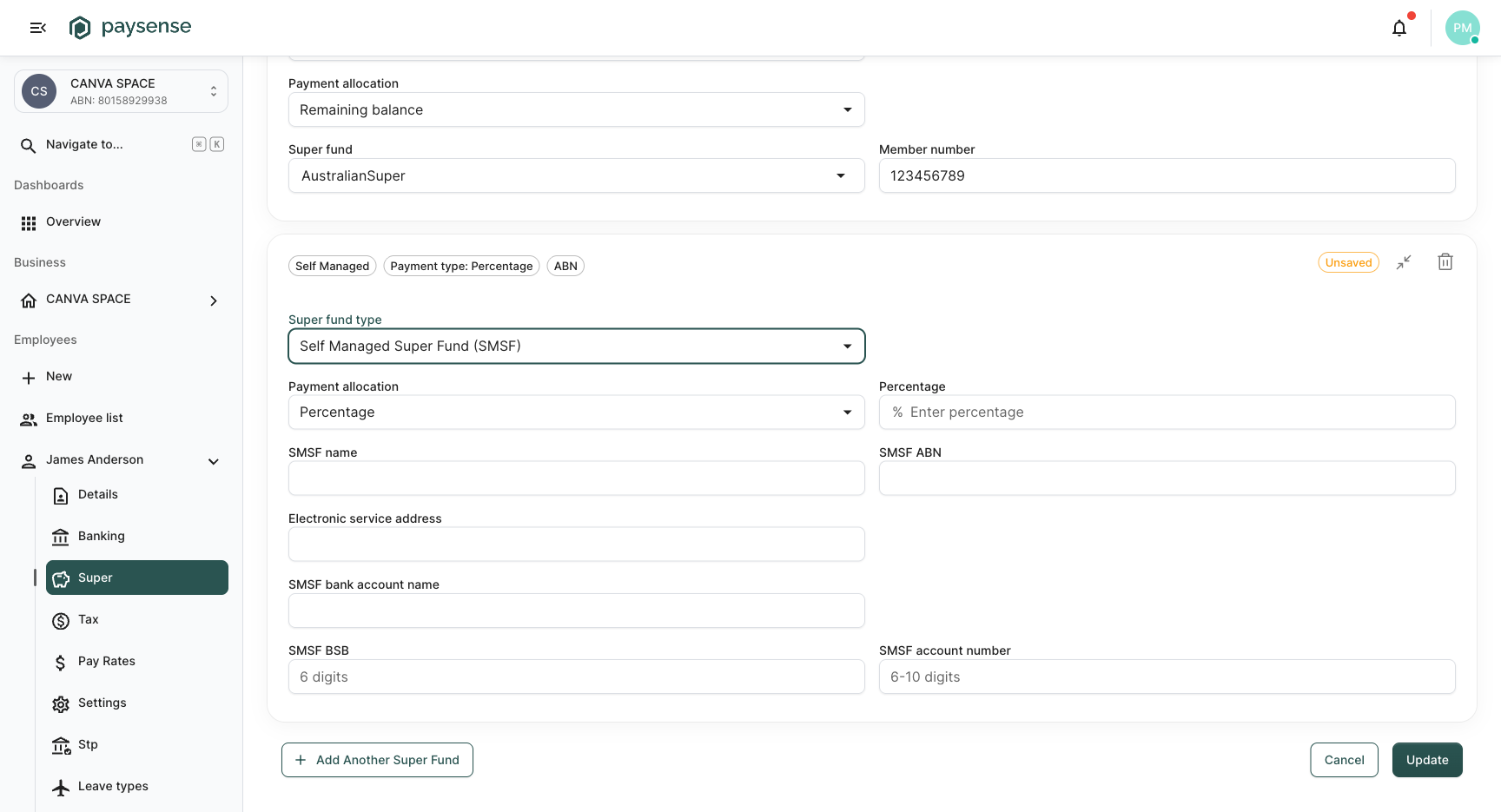 SMSF fields scrolled into view: SMSF name, ABN, Electronic service address, bank account name, BSB, and account number