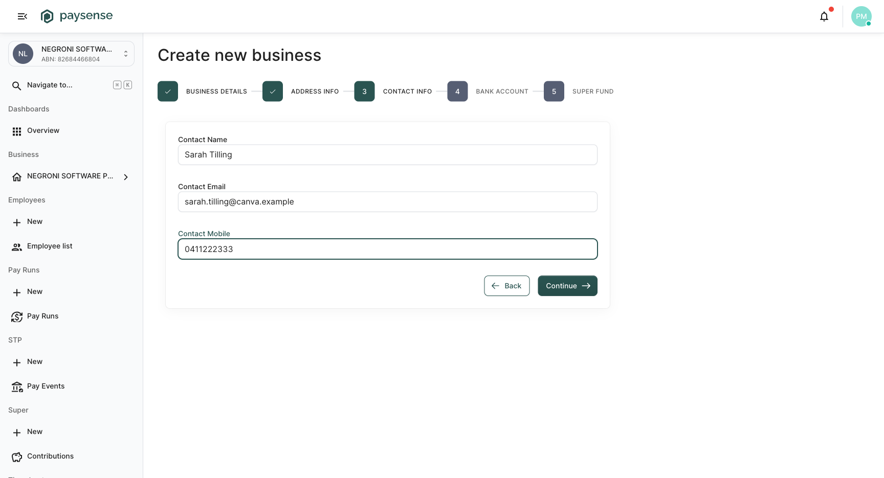 Step 3 with the contact details filled in