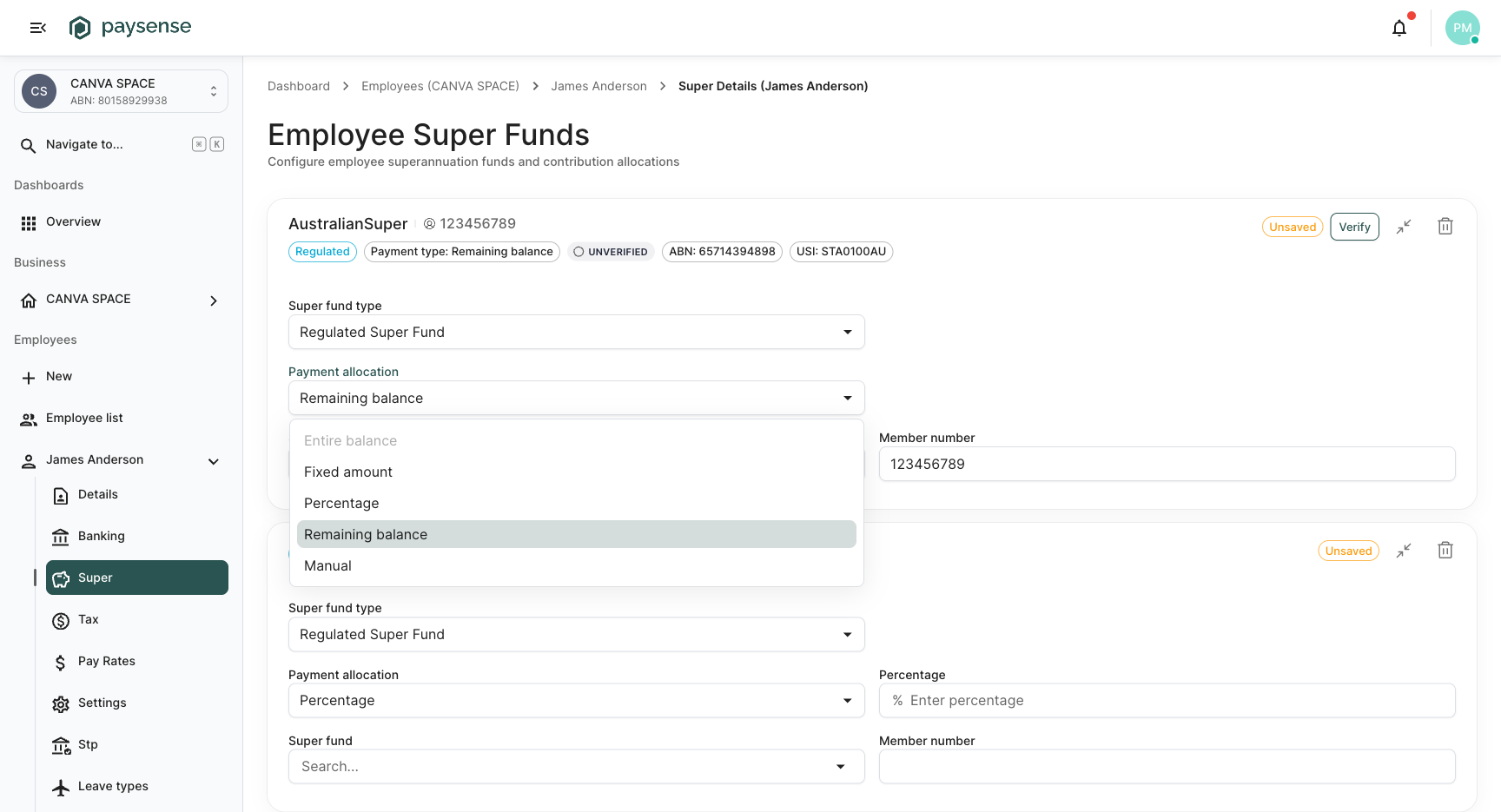 Payment allocation dropdown showing all five types: Entire balance greyed out, Remaining balance selected