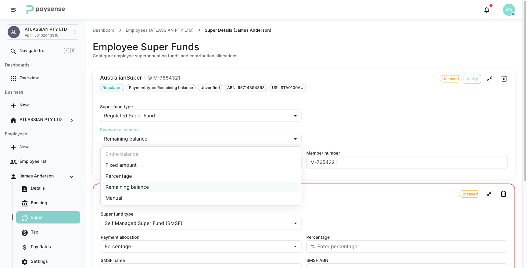 Payment allocation dropdown showing all five types: Entire balance greyed out, Remaining balance selected
