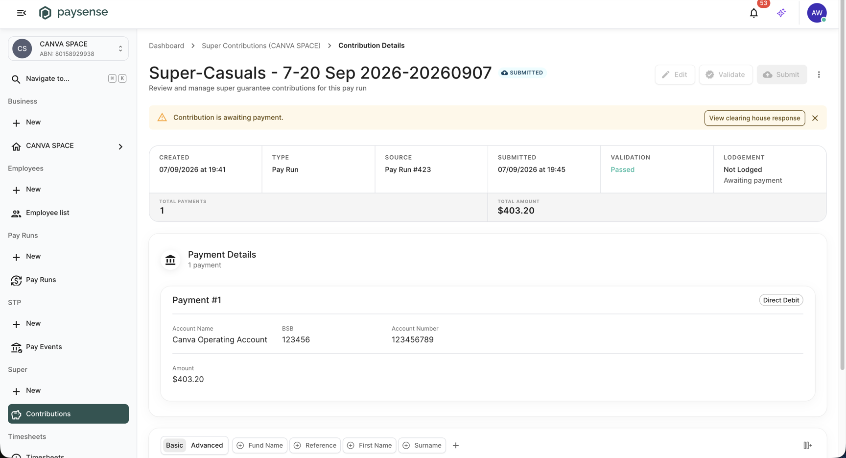 Super contribution details page after submission, showing status Submitted, the Contribution is awaiting payment banner, and the Payment Details card
