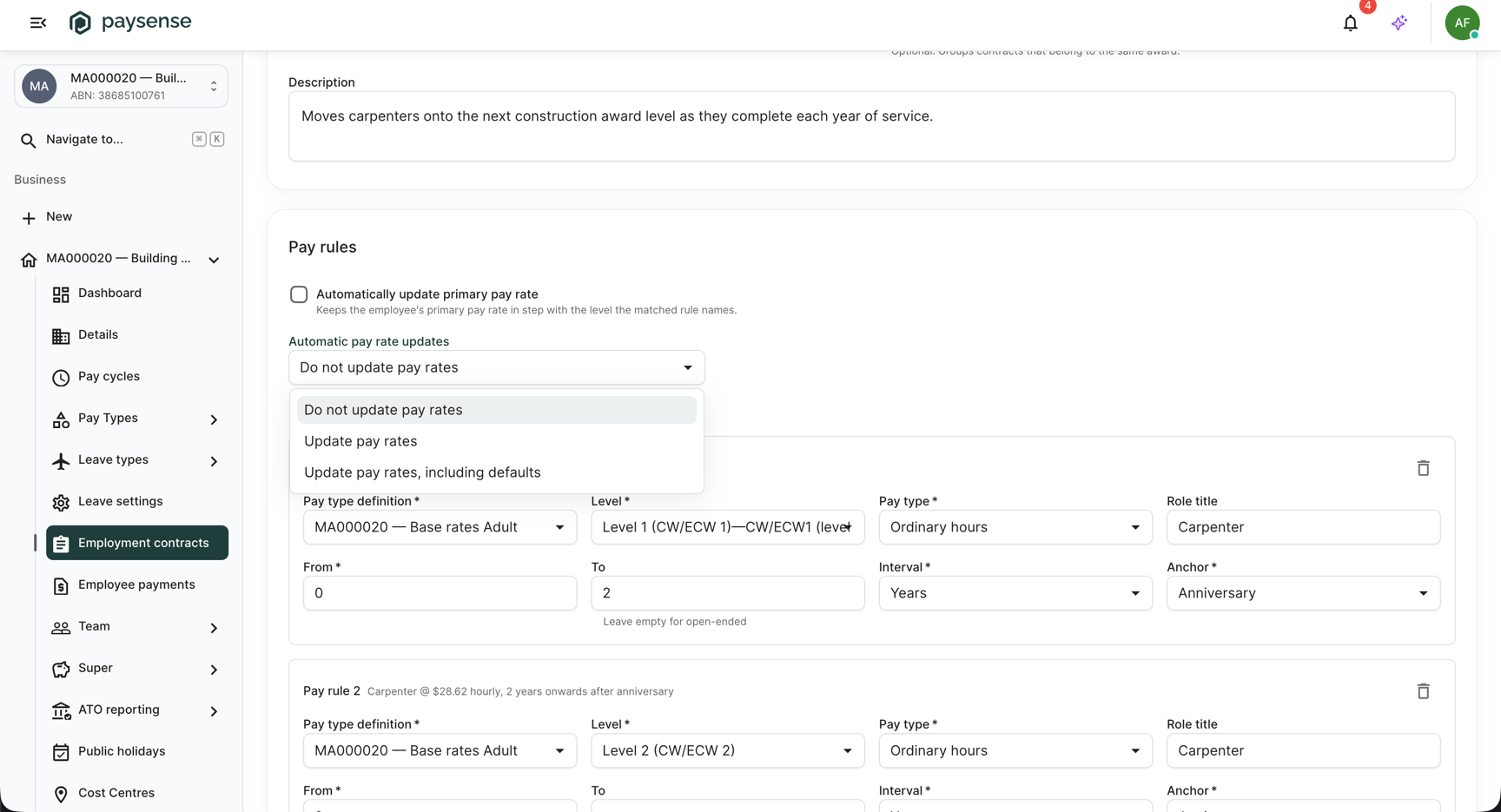 Automatic pay rate updates dropdown open showing the three update modes