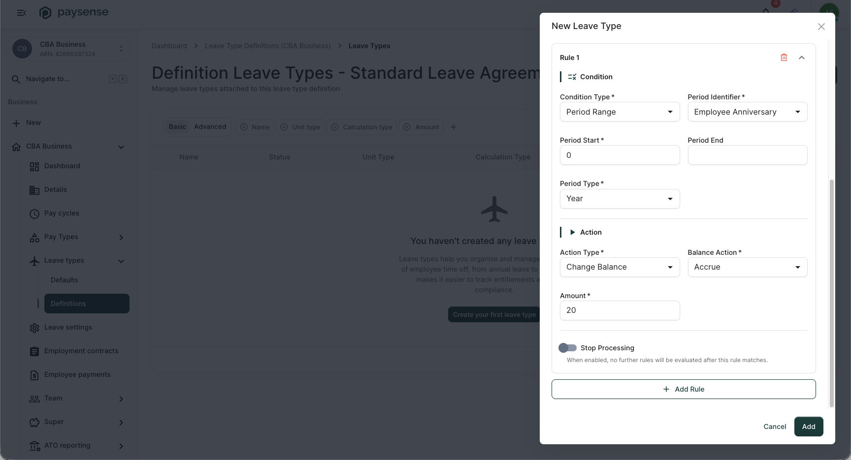 Rule 1 filled in with a Period Range condition and a Change Balance action