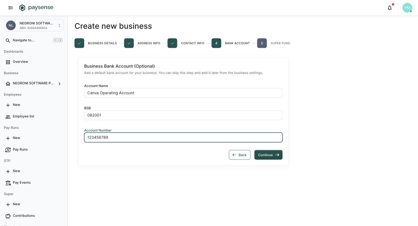Step 4 with bank account details filled in