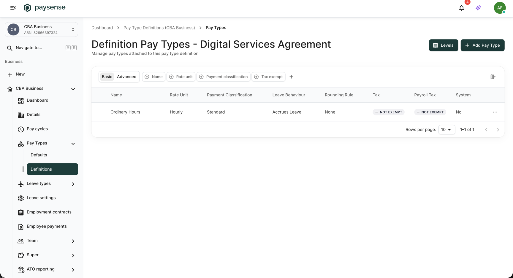 Definition Pay Types screen showing the new Ordinary Hours pay type