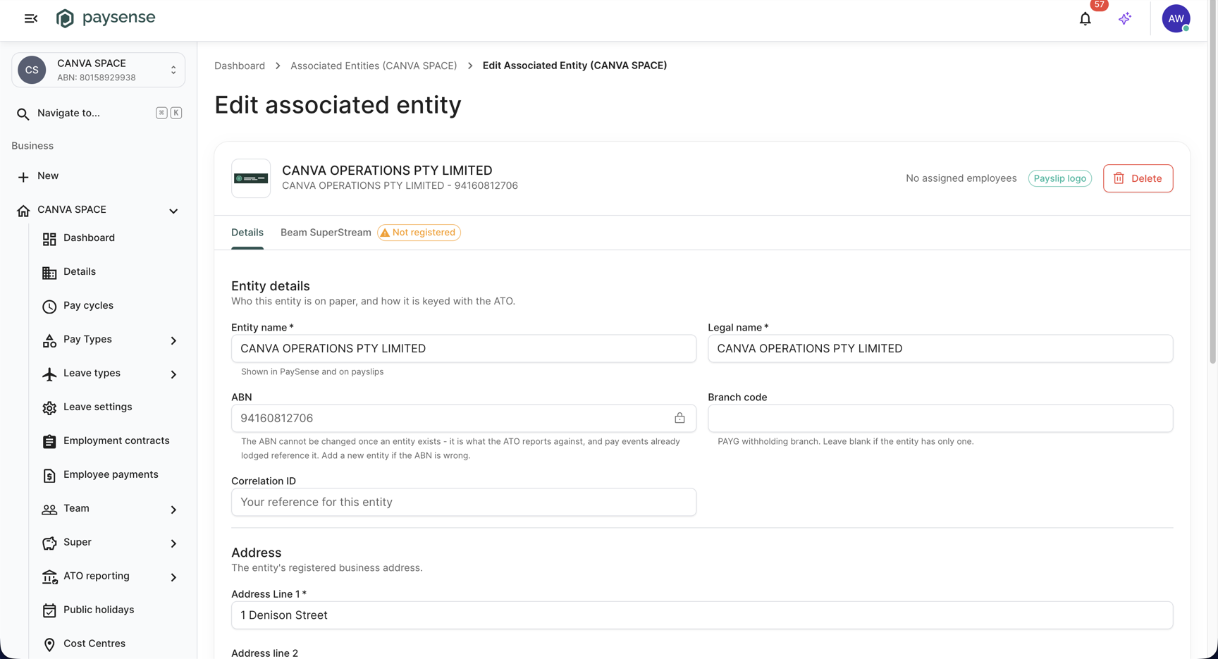 Edit screen with the ABN read-only and locked