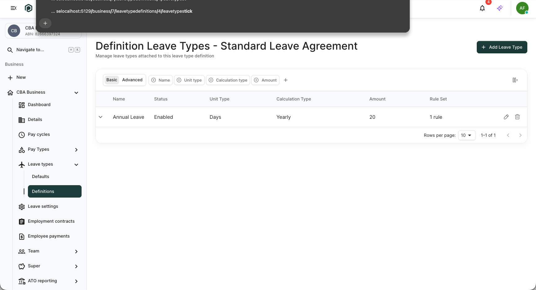 Leave types grid showing the new Annual Leave row