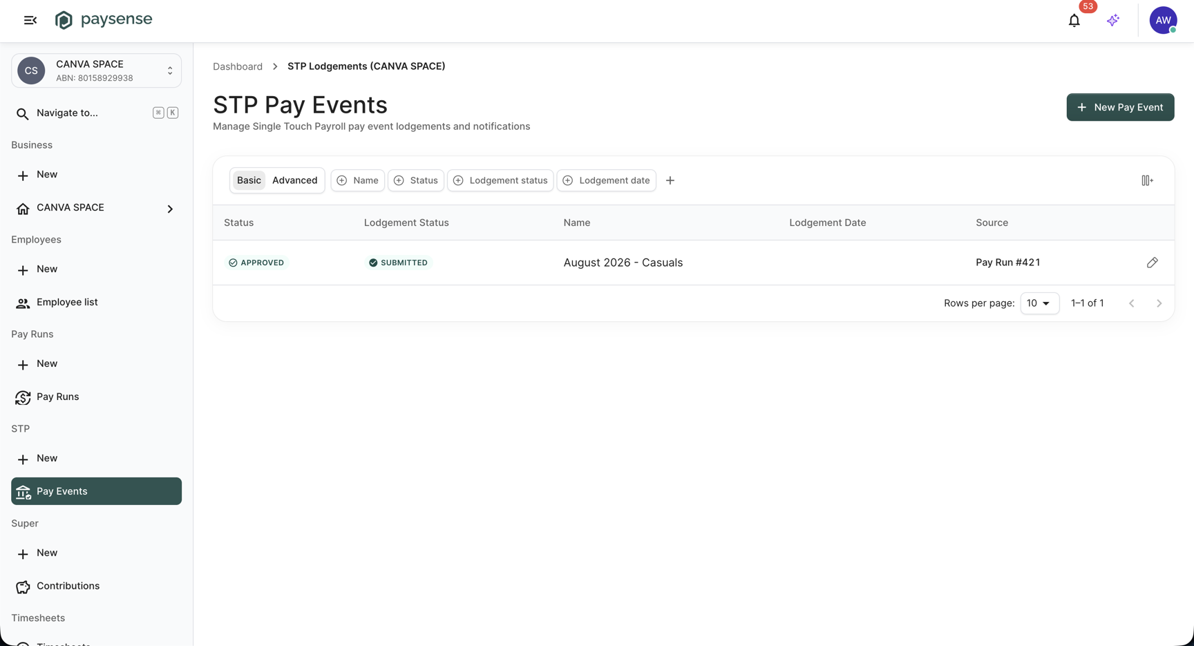 STP Pay Events list showing the pay event with status Approved and lodgement status Submitted