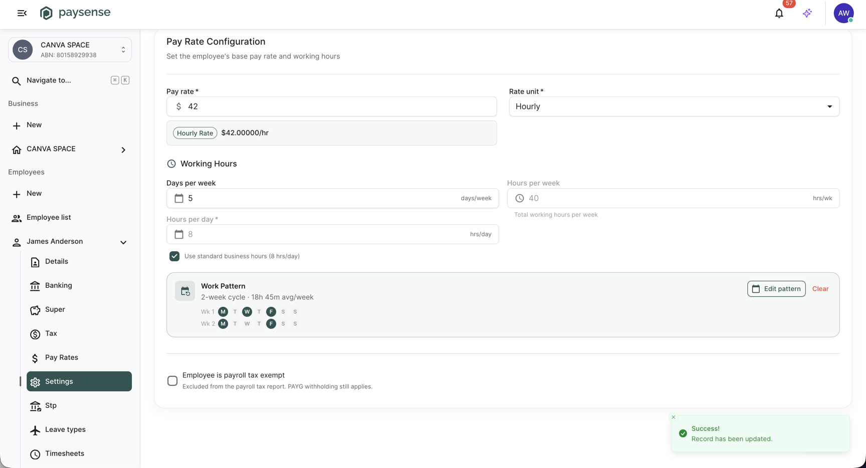 Pay Rate Configuration with the Work Pattern card showing a 2-week cycle averaging 18h 45m per week, Edit pattern and Clear buttons, and a Success! Record has been updated. toast