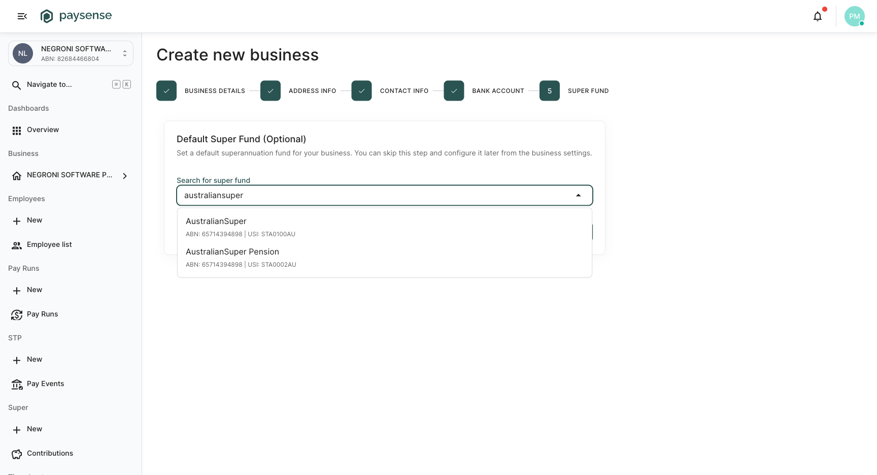 Super fund autocomplete showing AustralianSuper results