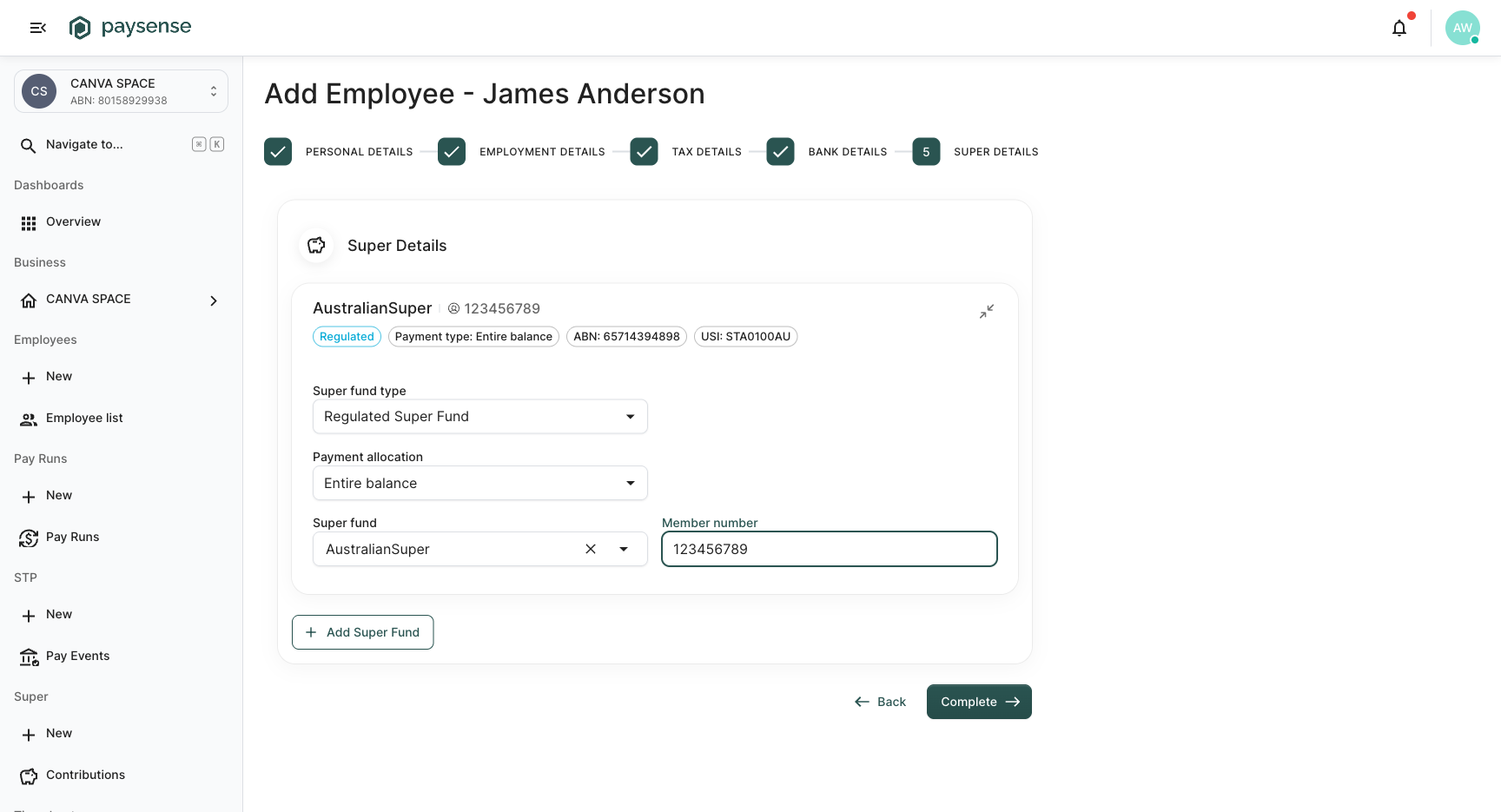 Super Details filled in with AustralianSuper and a member number