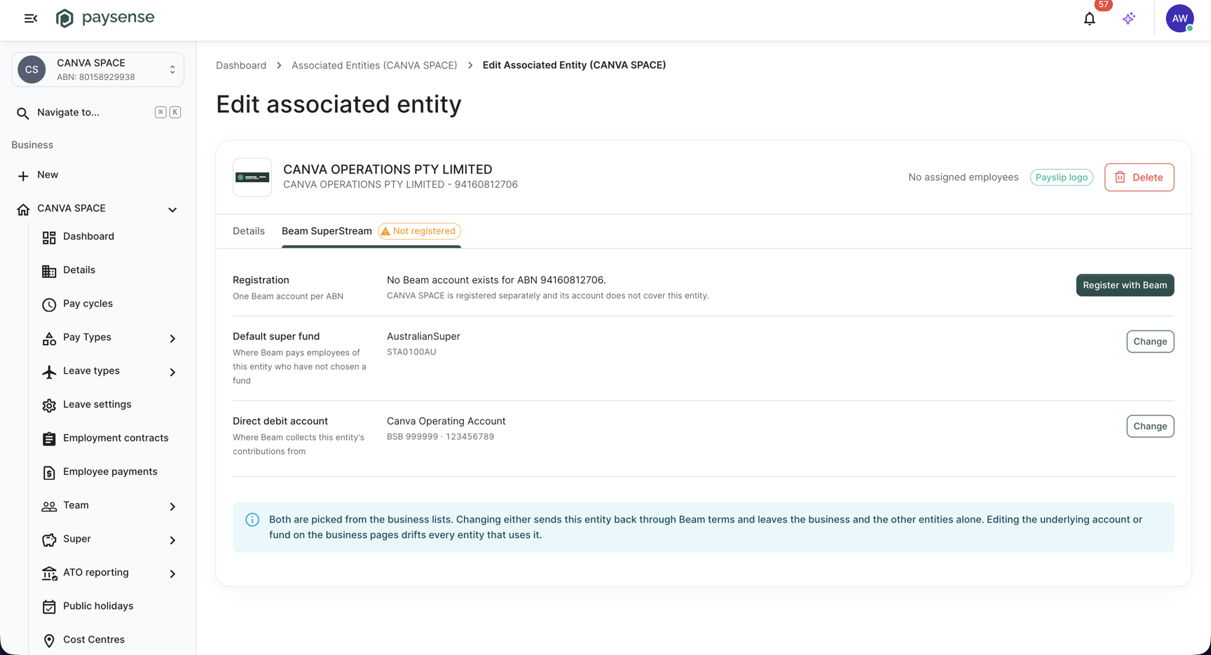 Beam SuperStream tab showing Registration, Default super fund, and Direct debit account