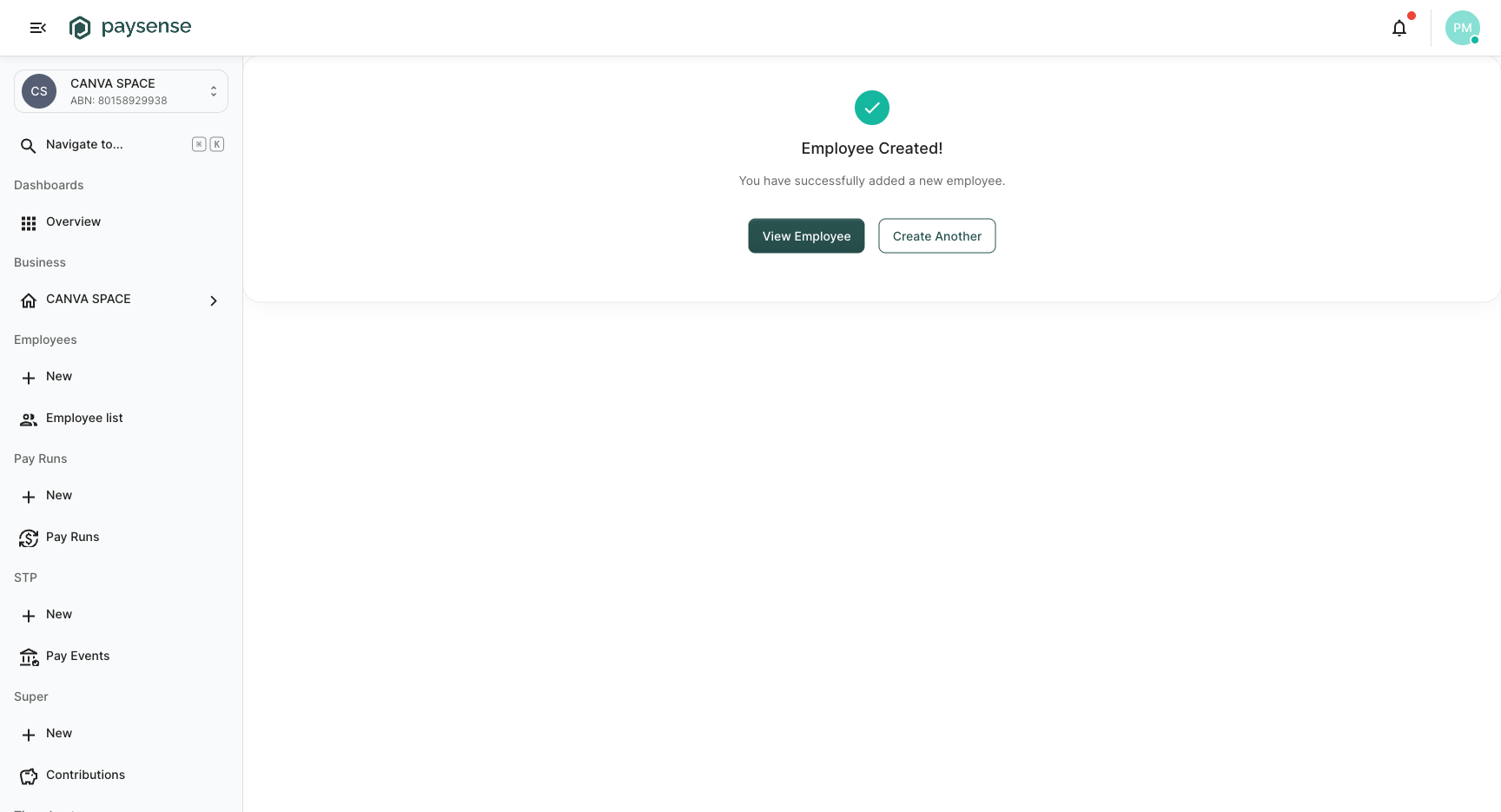 Employee Created success page with View Employee and Create Another buttons