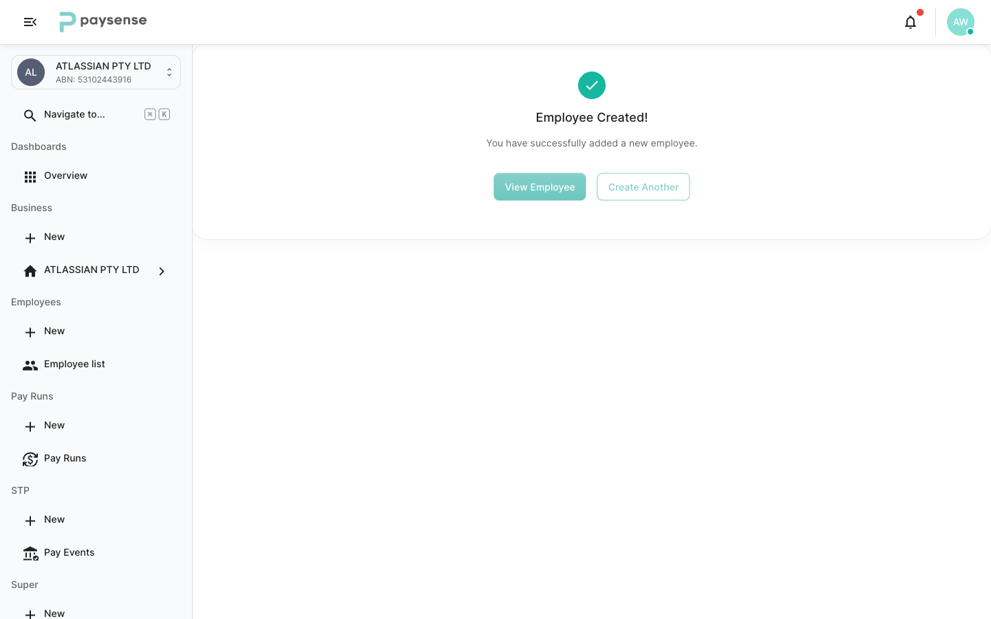 Employee Created success page with View Employee and Create Another buttons